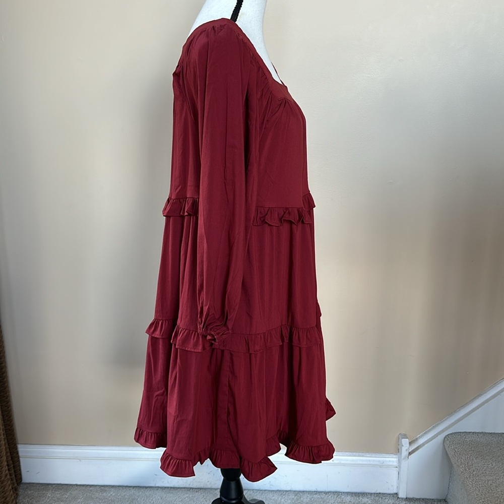 ENTRO Lava Red Boho Tiered Mini Dress 3/4 Sleeve - Picture 9 of 14